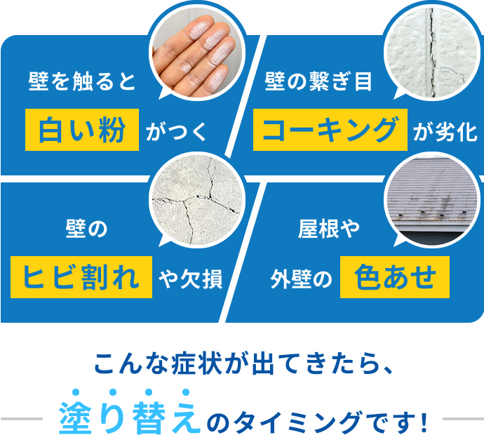 壁を触ると白い粉がつく 壁の繋ぎ目コーキングが劣化 壁のヒビ割れや欠損 屋根や外壁の色あせ こんな症状が出てきたら、塗り替えのタイミングです!